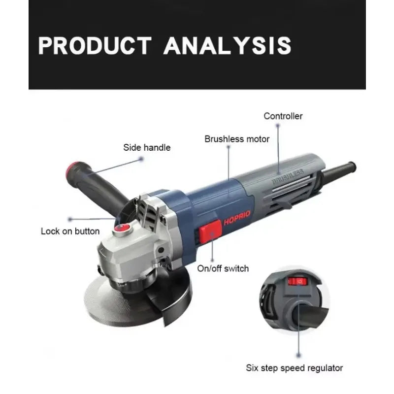 DIY Grade Cordless Electric Angle Grinder 125mm Brushless Disc Slide Trigger Switch Battery Polishing Cutting Machine