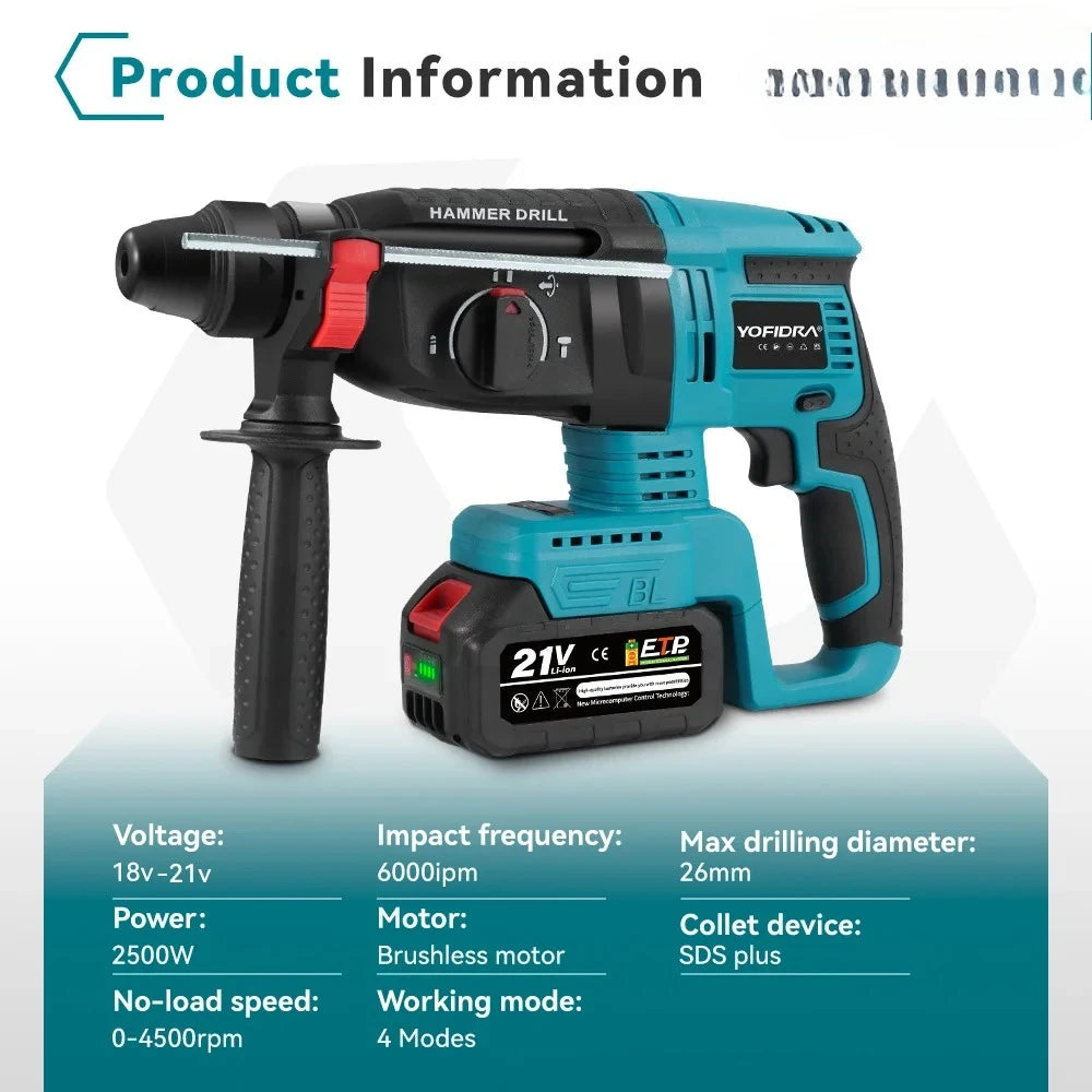 26MM Brushless Electric Hammer Drill Multifunctional Rotary Cordless Rechargeable Power Tools For Makita Battery Pin