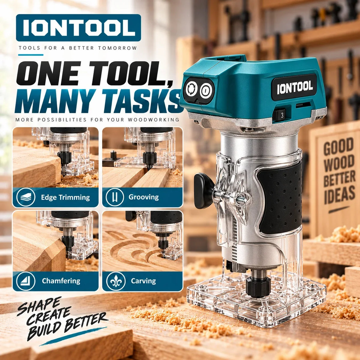 IONTOOL Cordless Trimmer 780W 3000-30000RPM for Wood Edge Cutting Slotting and Woodworking DIY Tool Only