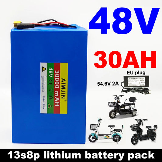 48V 30Ah 30000mAh 18650 13S8P Lithium Battery Pack Large Capacity Suitable for 48V 250-1500W Built-in BMS+54.6V2A Charger