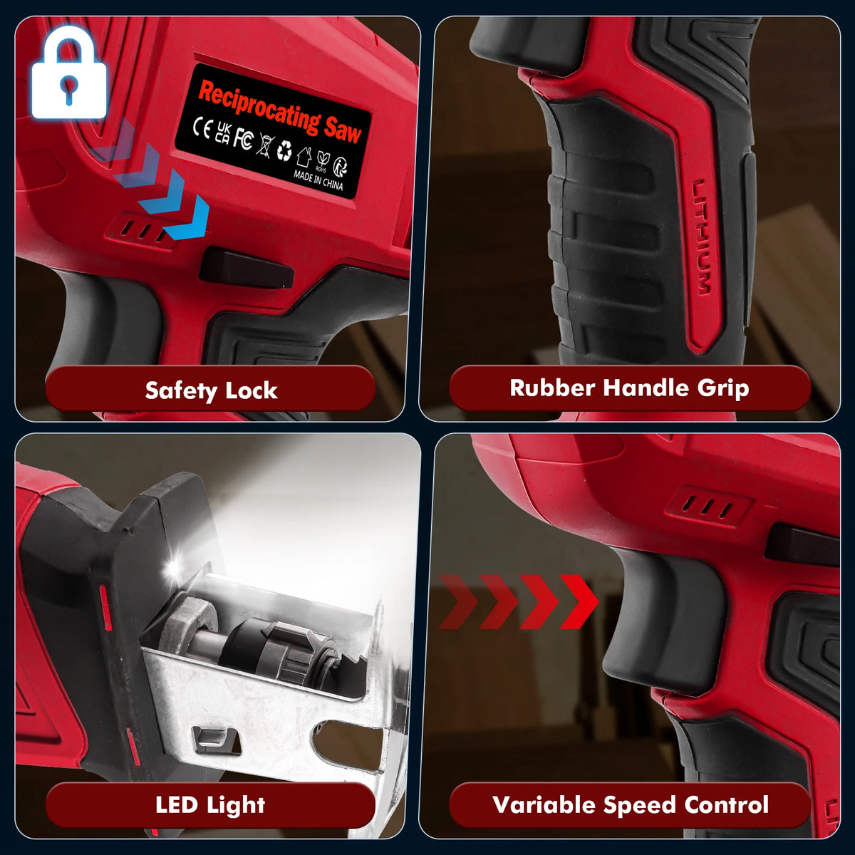 21V Cordless Reciprocating Saw Small Electric Saw Wood & Metal Cutter with 8 Extra Saw Blades 2 Batteries 1 Charger Red