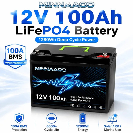 Upgraded 12V 100Ah LiFePO4 Battery Deep Cycle Lithium Battery with Built-in BMS for RV Solar Home Storage Marine Trolling Motor