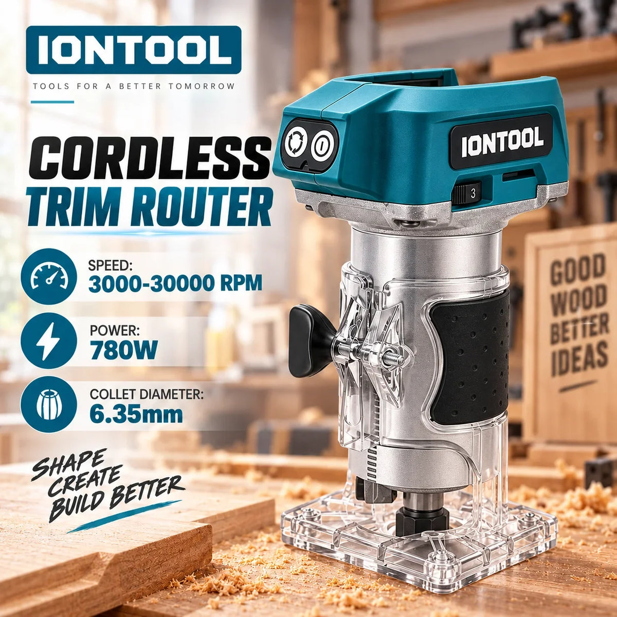 IONTOOL Cordless Trimmer 780W 3000-30000RPM for Wood Edge Cutting Slotting and Woodworking DIY Tool Only