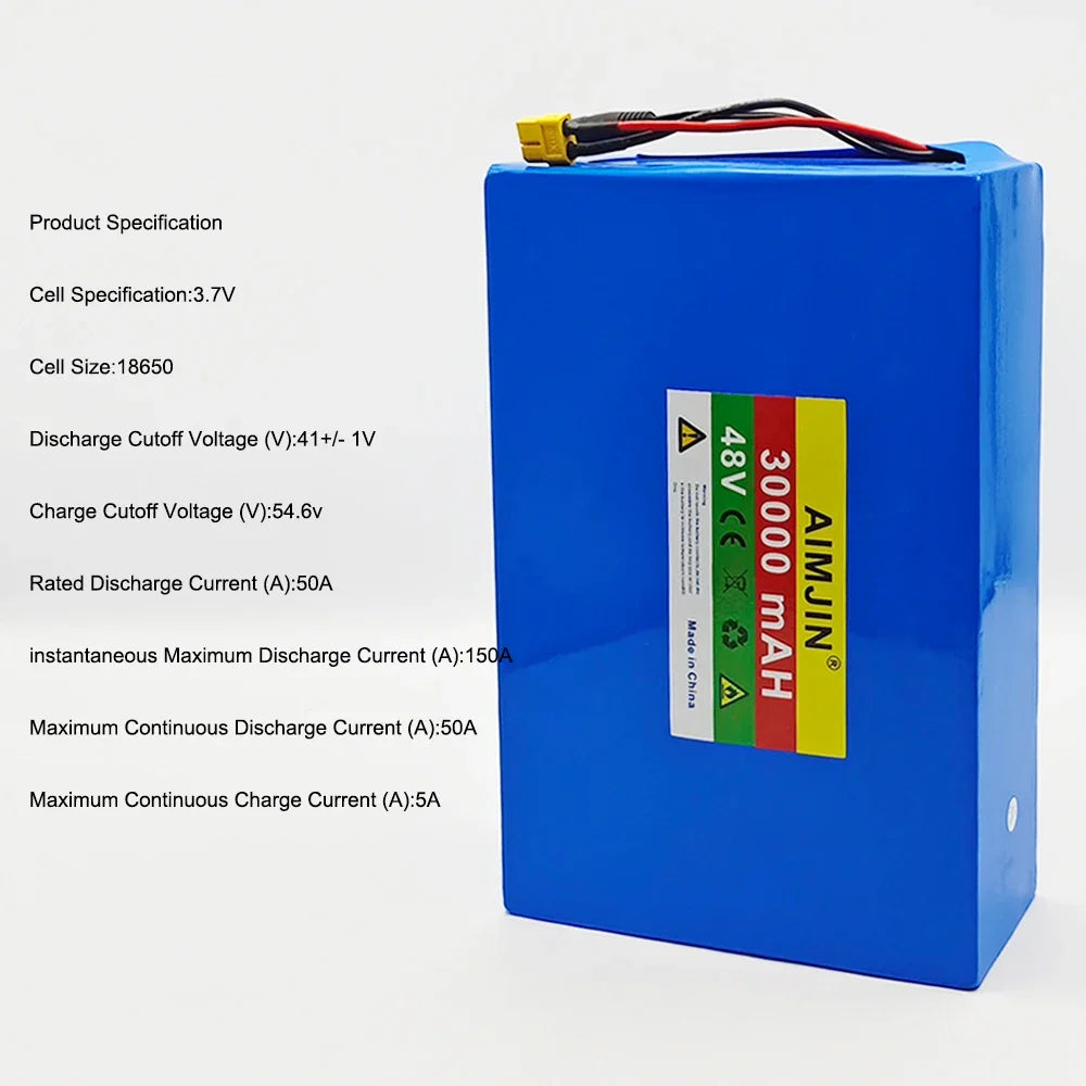 48V 30Ah 30000mAh 18650 13S8P Lithium Battery Pack Large Capacity Suitable for 48V 250-1500W Built-in BMS+54.6V2A Charger
