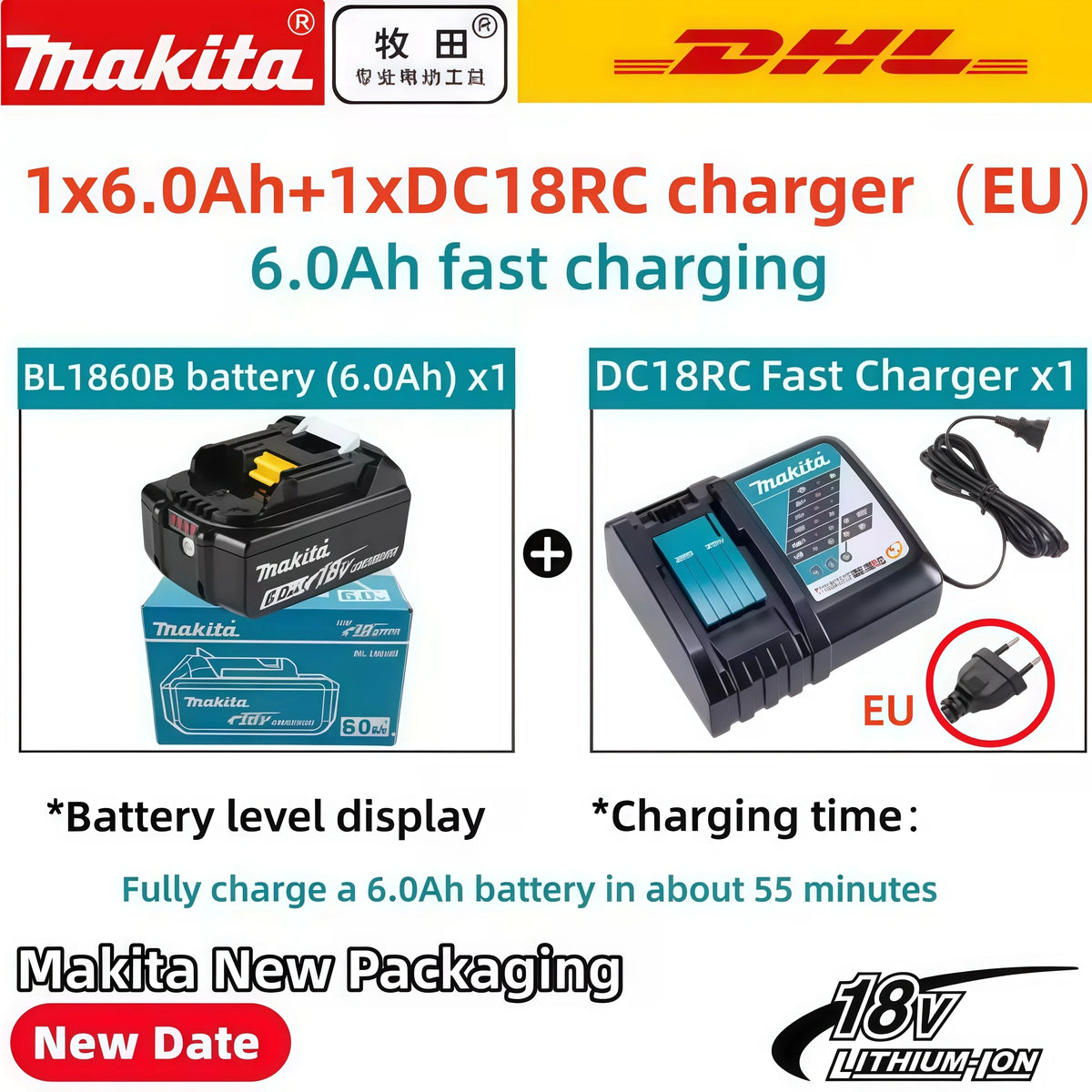100% Genuine Original BL1860B 18V 6Ah Lithium Battery for BL1850B BL1840B Cordless Drill Impact Wrench Driver Power Tools