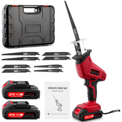 21V Cordless Reciprocating Saw Small Electric Saw Wood & Metal Cutter with 8 Extra Saw Blades 2 Batteries 1 Charger Red
