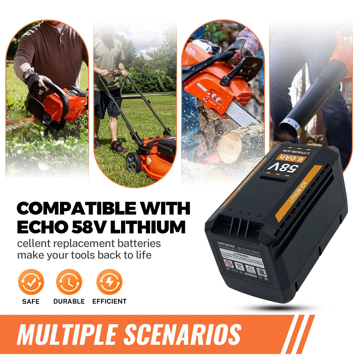 58V 6.0Ah 4Ah Battery Replacement for Echo 58V Battery, Compatible with Cordless Power Tools Blower Chainsaw CBP-58V40