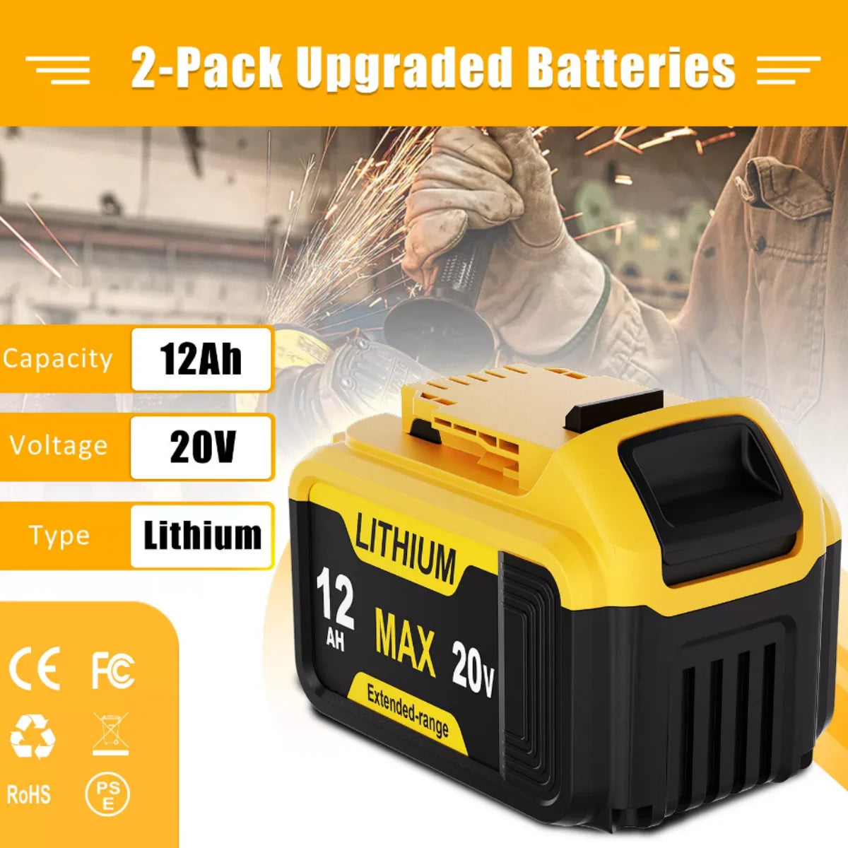 1/2/4PACK 20V 12Ah Replacement Battery For Dewalt 20V Max Tools (DCB201, DCB200, DCB204, DCB206, DCB203) - Compatible