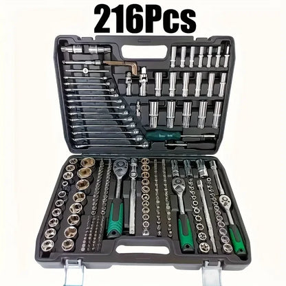 216-Piece Professional Socket Set 1/2' 3/8' 1/4' Drive SAE & Metric with 72-Tooth Ratchet for Automotive And Home Repair.（1SET）