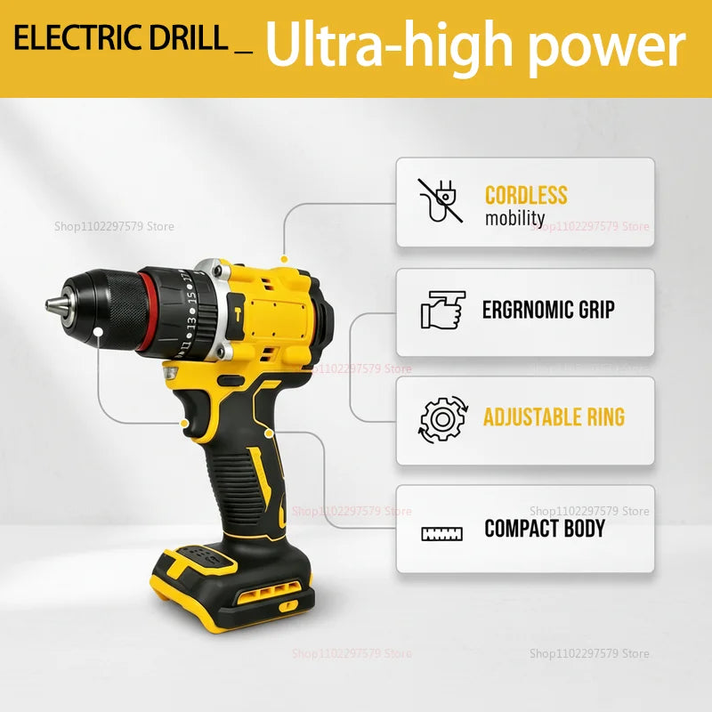 Compact Cordless Brushless Impact Drill LED Light Powerful Multi-functional Electric Power Tool 20V Battery