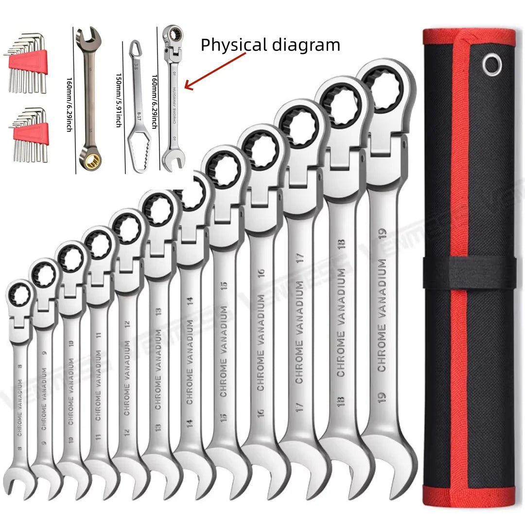 19Pcs Chrome Vanadium Steel Hand Spanner Kit For Auto Garage DIY Household Repair, Mens Tool Gift For Dad And Husband