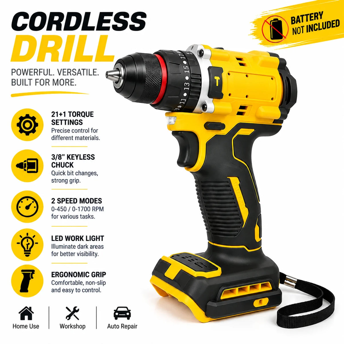 Compact Cordless Brushless Impact Drill LED Light Powerful Multi-functional Electric Power Tool 20V Battery
