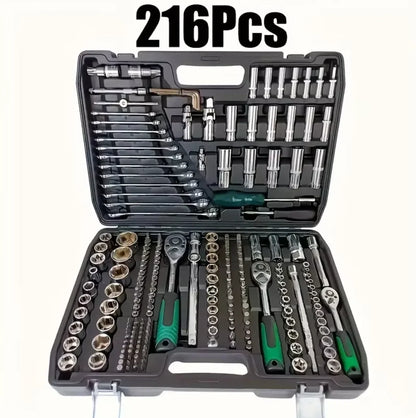 216-Piece Professional Socket Set 1/2' 3/8' 1/4' Drive SAE & Metric with 72-Tooth Ratchet for Automotive And Home Repair.（1SET）