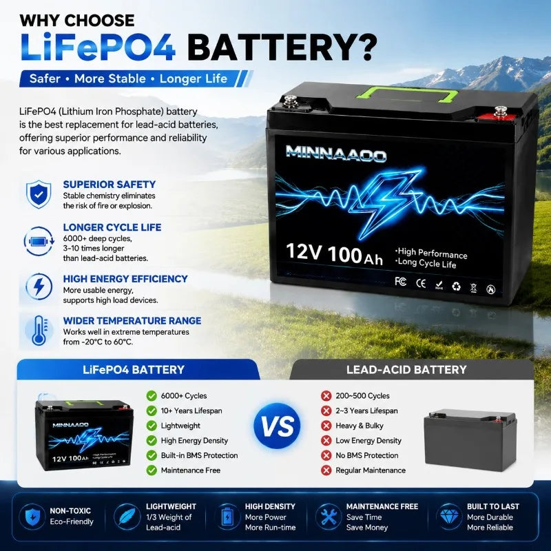 Upgraded 12V 100Ah LiFePO4 Battery Deep Cycle Lithium Battery with Built-in BMS for RV Solar Home Storage Marine Trolling Motor