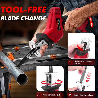 21V Cordless Reciprocating Saw Small Electric Saw Wood & Metal Cutter with 8 Extra Saw Blades 2 Batteries 1 Charger Red