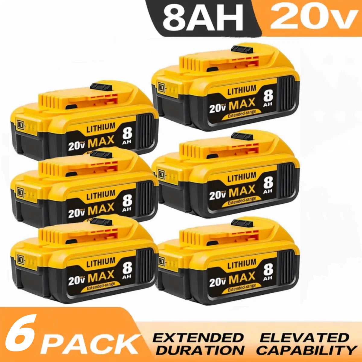 8.0Ah 20 Volt Replacement for Dewalt 20V Max Battery Lithium Ion Compatible with Dewalt Bateria DCB200 DCB204 DCB205 DCB206 DCB201 DCB203 DCB181 DCB180 20V DCB200 DCD DCF DCG Series Cordless Power Tools