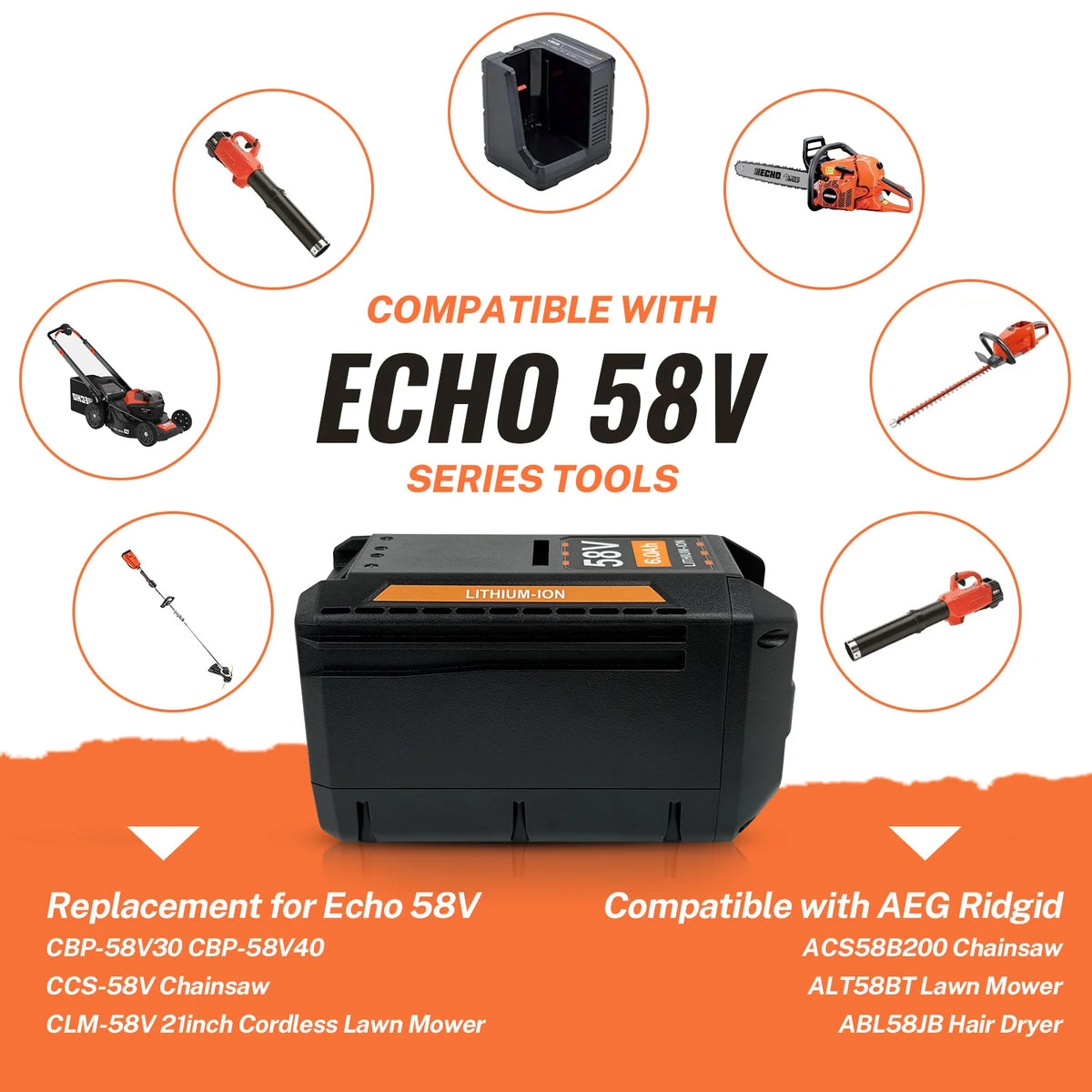 58V 6.0Ah 4Ah Battery Replacement for Echo 58V Battery, Compatible with Cordless Power Tools Blower Chainsaw CBP-58V40