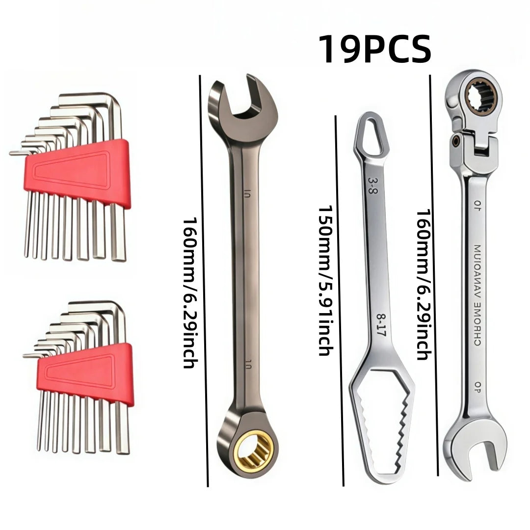 19Pcs Chrome Vanadium Steel Hand Spanner Kit For Auto Garage DIY Household Repair, Mens Tool Gift For Dad And Husband
