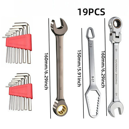 19Pcs Chrome Vanadium Steel Hand Spanner Kit For Auto Garage DIY Household Repair, Mens Tool Gift For Dad And Husband