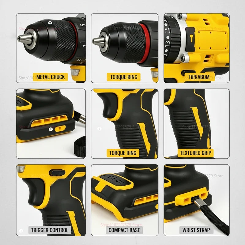 Compact Cordless Brushless Impact Drill LED Light Powerful Multi-functional Electric Power Tool 20V Battery