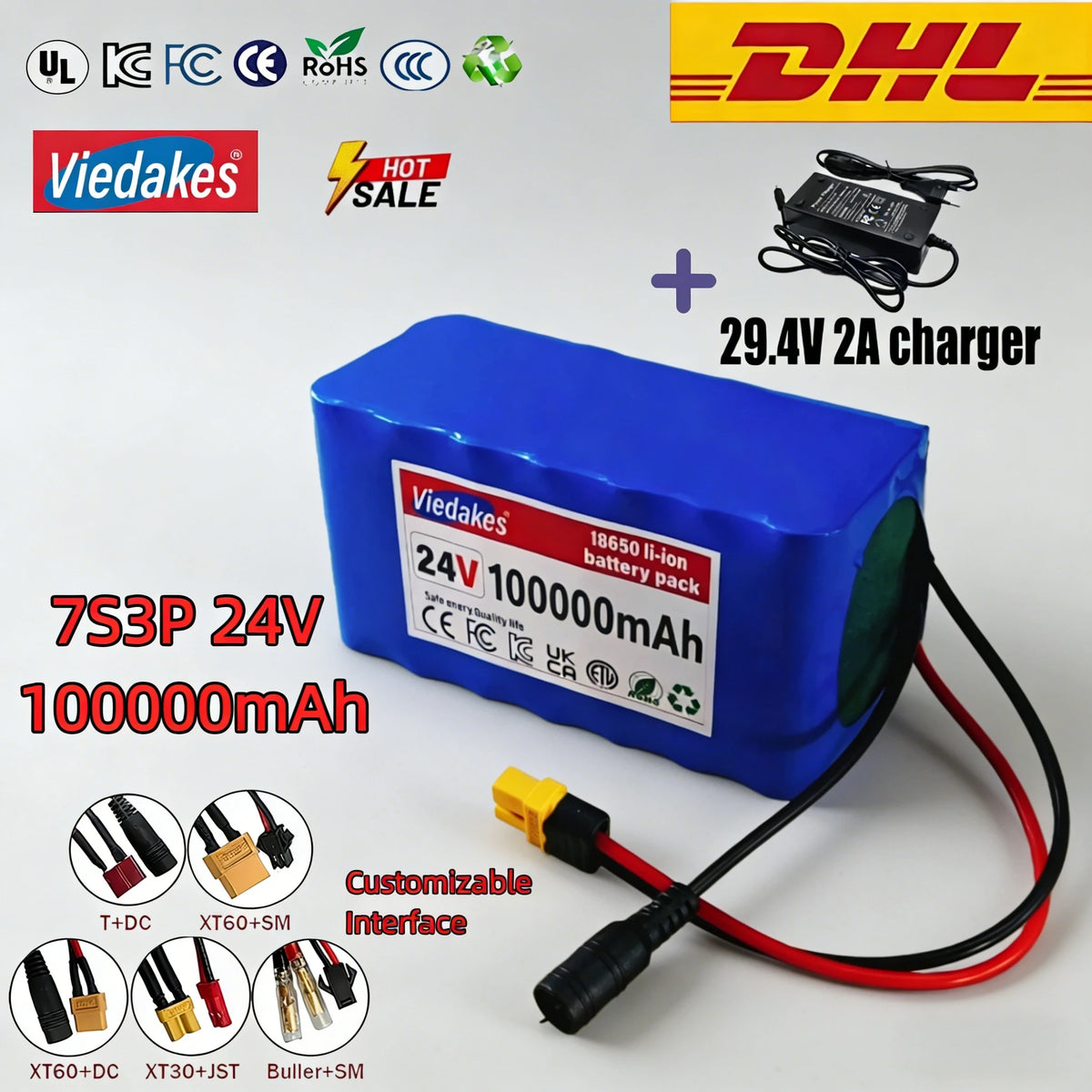NEW 24V 100Ah 7S3P 18650 Lithium Battery High Capacity 24V 100000mAh Rechargeable Battery Pack with 2A Charger for Electronics