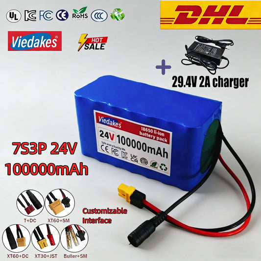 NEW 24V 100Ah 7S3P 18650 Lithium Battery High Capacity 24V 100000mAh Rechargeable Battery Pack with 2A Charger for Electronics